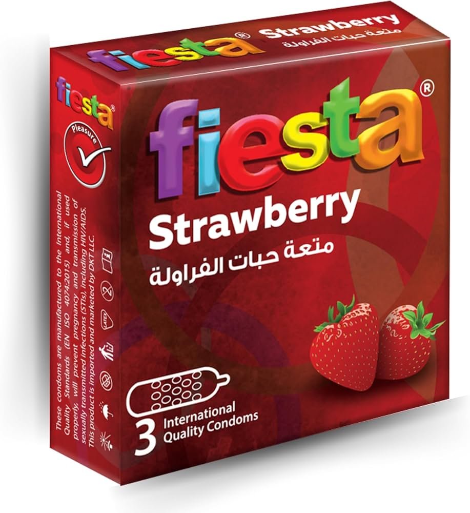 FIESTA STRAWBERRY CONDOM 3PCS - واقي ذكري بنكهة الفراولة من فييستا، 3 قطع FIESTA STRAWBERRY CONDOM 3PCS - واقي ذكري بنكهة الفراولة من فييستا، 3 قطع